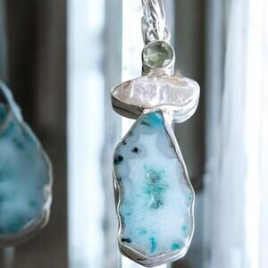 Blue Druzy Agate, Pearl & Green Onyx Pendant, Handmade Sterling Silver Necklace